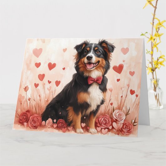 Australischer Schäferhund mit Rose - Valentinstag Karte (Gelbe Blume)