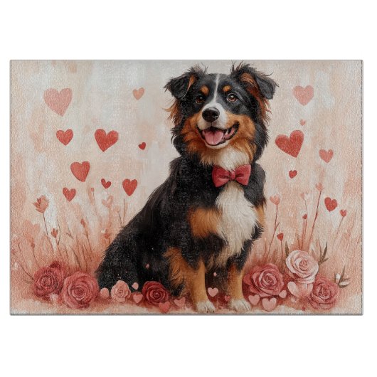 Australischer Schäferhund mit Rose - Valentinstag Schneidebrett (Vorderseite)