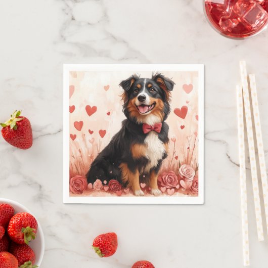 Australischer Schäferhund mit Rose - Valentinstag Serviette (Beispiel)