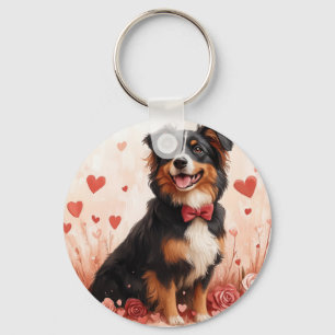 Australischer Schäferhund mit Rosen - Valentinstag Schlüsselanhänger