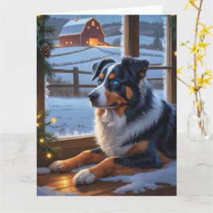 Australischer Schäferhund mit Weihnachtsbeleuchtun Karte