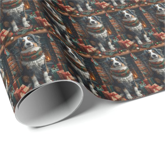 Australischer Schäferhund mit Weihnachtsgeschenken Geschenkpapier (Rolleneckpunkt)