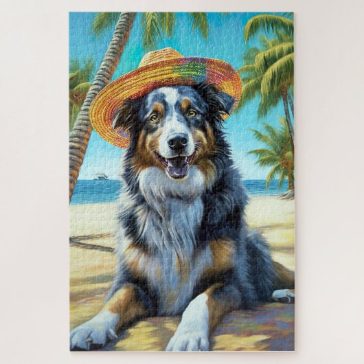 Australischer Schäferhund On Beach Liebhaber Somme Puzzle (Vertikal)
