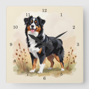 Australischer Schäferhund Schwarz Tricolor Aussie  Quadratische Wanduhr