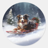 Australischer Schäferhund Weihnachtsschnee im Wint Runder Aufkleber (Vorderseite)