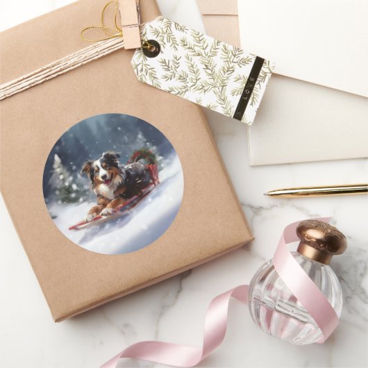 Australischer Schäferhund Weihnachtsschnee im Wint Runder Aufkleber (Schenken)