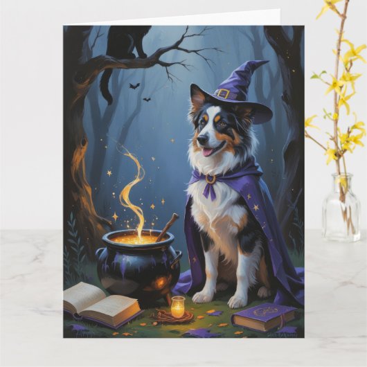 Australischer Schäferhund Whimsical Halloween Male Karte (Gelbe Blume)
