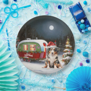 Australischer Schäferhund-Wohnwagen-Weihnachtsaben Pappteller