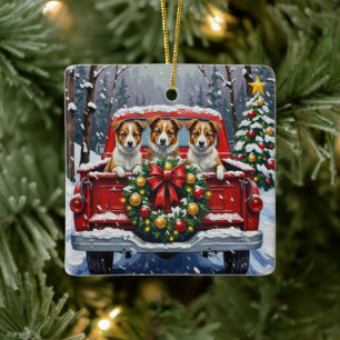 Australischer Terrier Weihnachten Rotes Lastwagen  Keramikornament