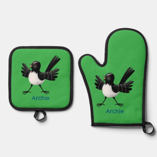 Australischer Willie Wagtail Cartoon personalisier Ofenhandschuh & Topflappen-Set (Vorderseite)