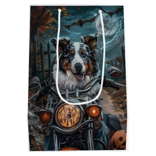 Australisches Shepherd Riding Motorrad Halloween Mittlere Geschenktüte (Rückseite)