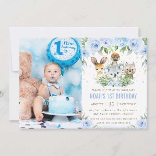 Australisches Tier Blue Floral Birthday Foto Einladung (Vorderseite)