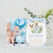 Australisches Tier Blue Floral Birthday Foto Einladung (Stehend Vorderseite)