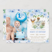 Australisches Tier Blue Floral Birthday Foto Einladung (Vorne/Hinten)