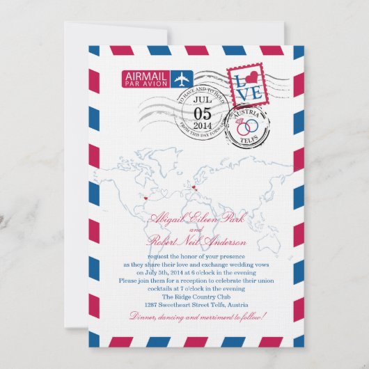 Austria Airmail Heart Wedding Einladung (Vorderseite)