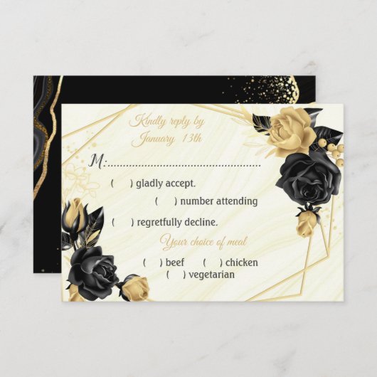 Auswahl an Blume in Schwarz und Gold RSVP Karte (Vorne/Hinten)