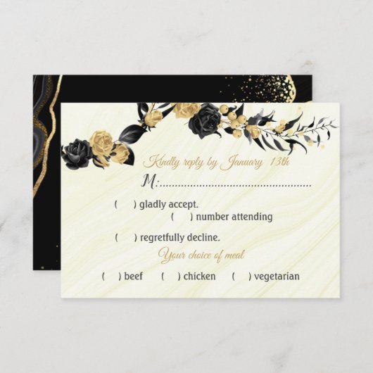 Auswahl an Blume in Schwarz und Gold RSVP Karte (Vorne/Hinten)