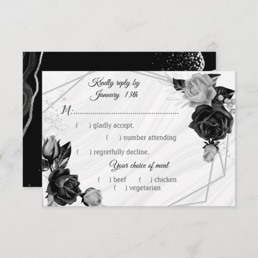 Auswahl an Blume in Schwarz und Silber RSVP Karte (Vorne/Hinten)