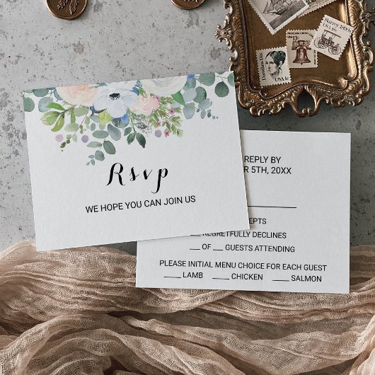 Auswahl an tropischen Eukalyptus-Gerichten RSVP Karte