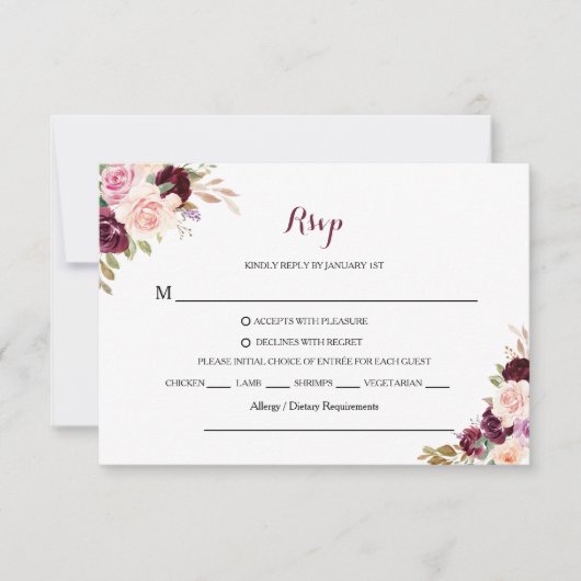 Auswahl des Blumenmenüs des Burgunders RSVP Karte (Vorderseite)