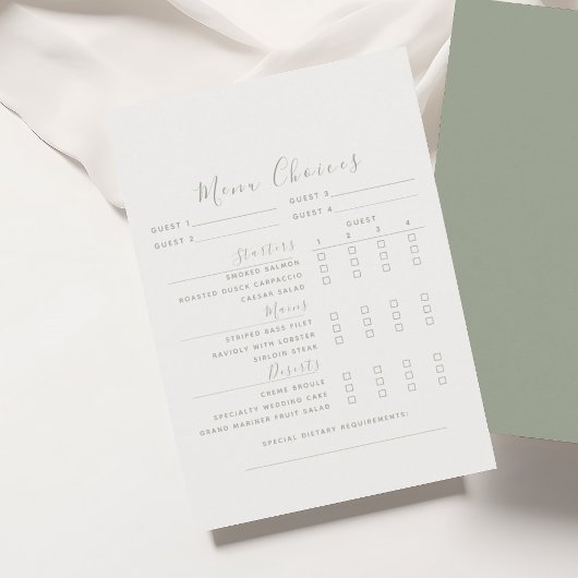 Auswahlkarte für das Menü "Sage Green Wedding"