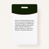 Ausweiskarte für Kindermädchen Ausweis (Rückseite)