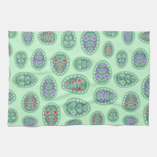 Authentische ukrainische Folk Art Eggs Muster Grün Geschirrtuch (Horizontal)