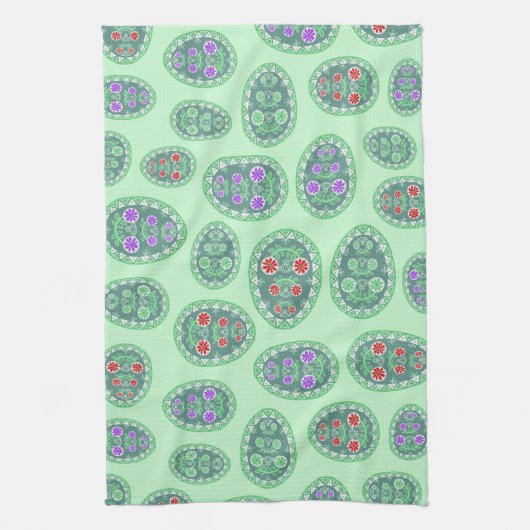 Authentische ukrainische Folk Art Eggs Muster Grün Geschirrtuch (Vertikal)