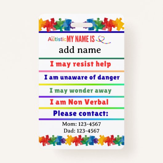 Autism Alert Nonverbal Autistic Contact Ausweis (Vorderseite)