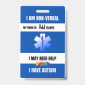 Autism Alert Nonverbal Autistic Contact Badge Ausweis (Front)