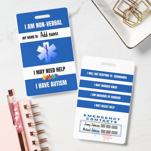 Autism Alert Nonverbal Autistic Contact Badge Ausweis (Office)