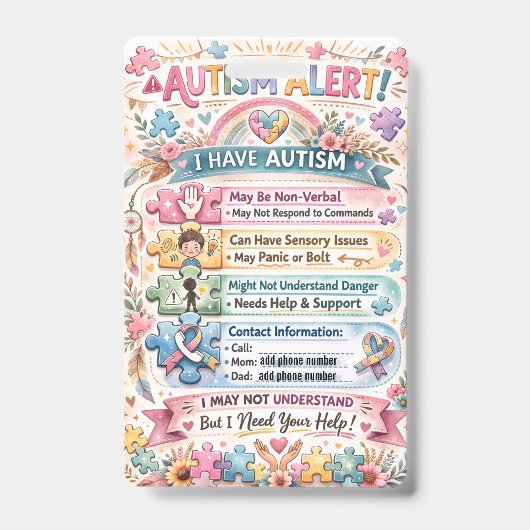 Autism Alert Nonverbal Autistic Contact Badge Ausweis (Vorderseite)