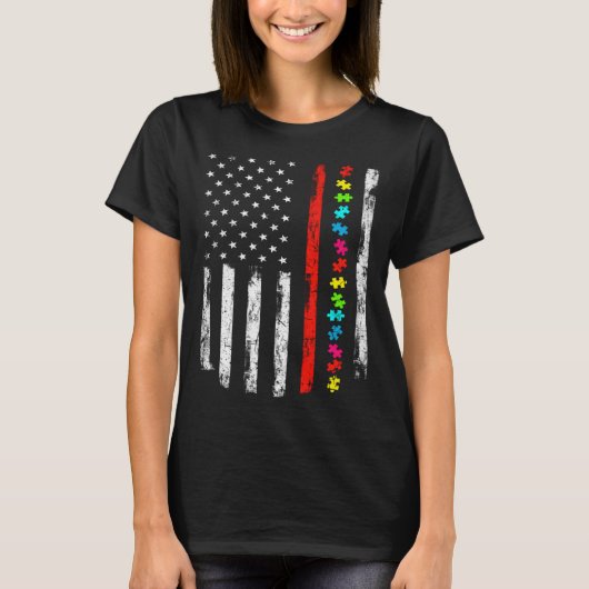 Autism Awareness 4th July Thin Red Line Firefighte T-Shirt (Vorderseite)