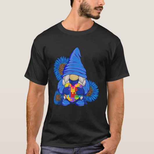 Autism Awareness Blue Gnome with Leopard Sunflower T-Shirt (Vorderseite)