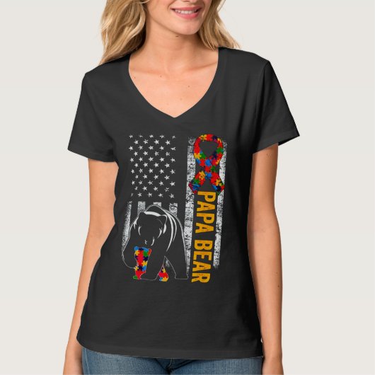 Autism Bear Papa Amerikanisches Flaggenbewusstsein T-Shirt (Vorderseite)