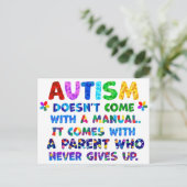 AUTISM Eltern geben nie auf Postkarte (Stehend Vorderseite)