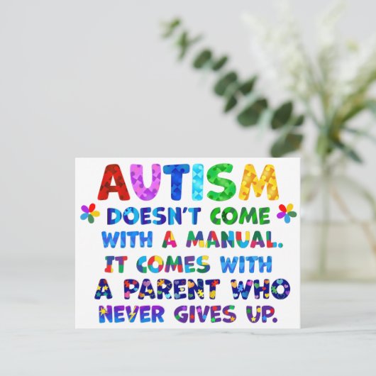 AUTISM Eltern geben nie auf Postkarte (Stehend Vorderseite)