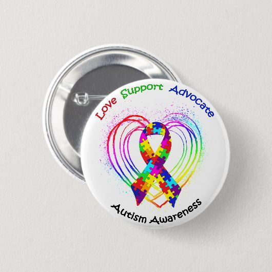 Autism Ribbon on Heart: Button (Vorne & Hinten)