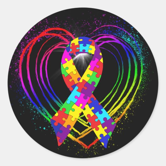 Autism Ribbon on Heart: Runder Aufkleber (Vorderseite)