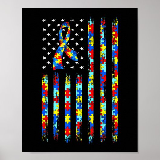 Autismus Awareness Shirt American Flag Ribbon Puzz Poster (Vorne)