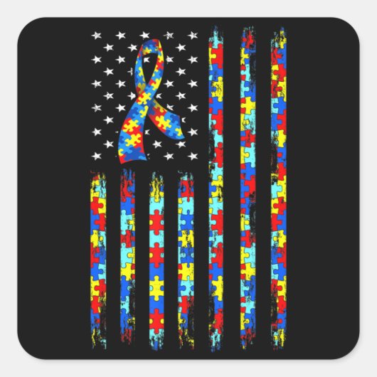 Autismus Awareness Shirt American Flag Ribbon Puzz Quadratischer Aufkleber (Vorderseite)