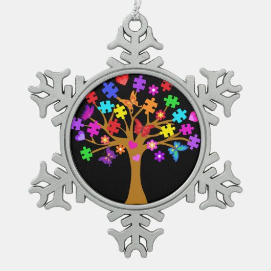 Autismus Awareness Tree Schneeflocken Zinn-Ornament (Vorderseite)