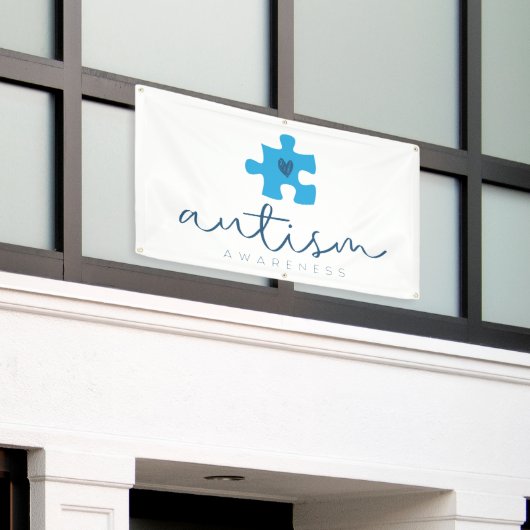 Autismus-Bewusstsein blaues Puzzleteil Herz Banner (Äußeres Gebäude)