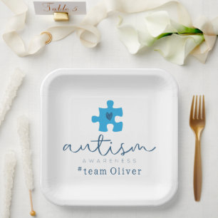 Autismus-Bewusstsein blaues Puzzleteil #Team Name Pappteller