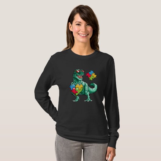 Autismus Bewusstsein Dinosaurier T Rex Herz Puzzle T-Shirt (Vorne ganz)