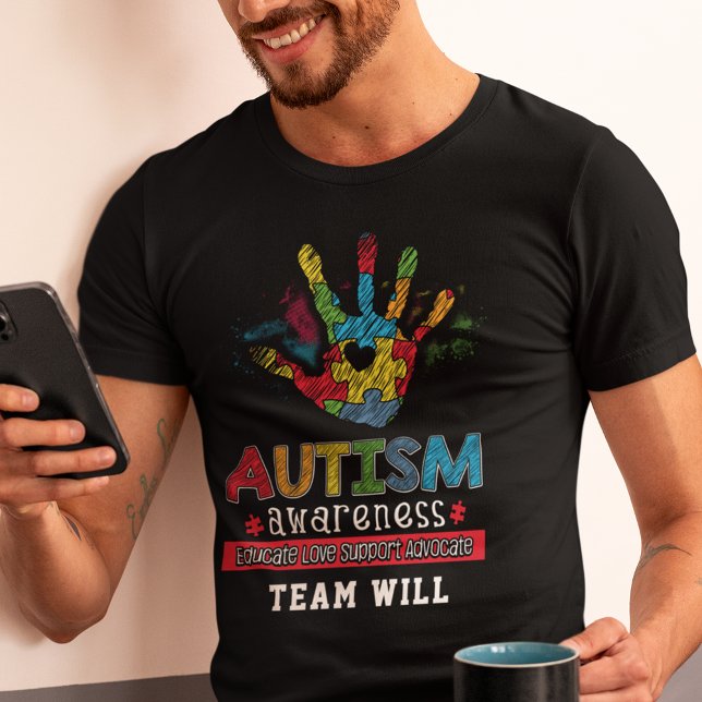 Autismus Bewusstsein Erzieher Advocate Custom Team T-Shirt (Autism Awareness Puzzle Hand Team Custom Black T-Shirt)