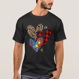 Autismus-Bewusstsein Herzen Leopard Kariert Buffal T-Shirt
