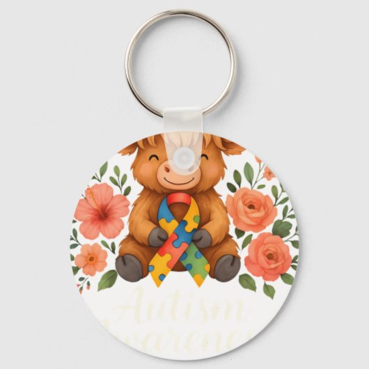 Autismus-Bewusstsein Highland Cow Flora Schlüsselanhänger (Vorderseite)