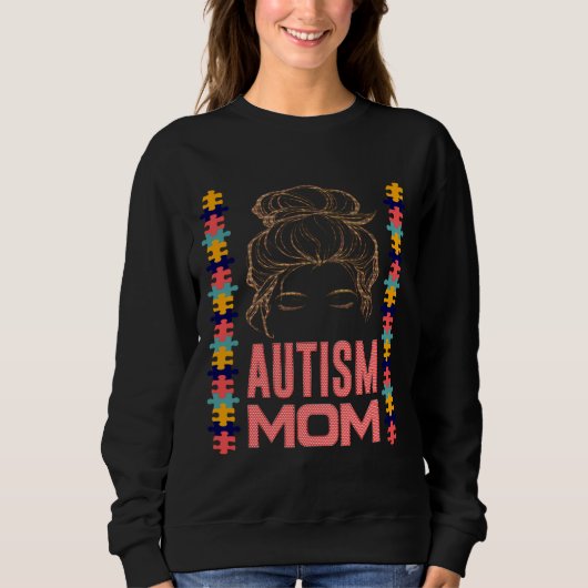 Autismus Bewusstsein Mama Messy Bun Puzzle Mutter Sweatshirt (Vorderseite)