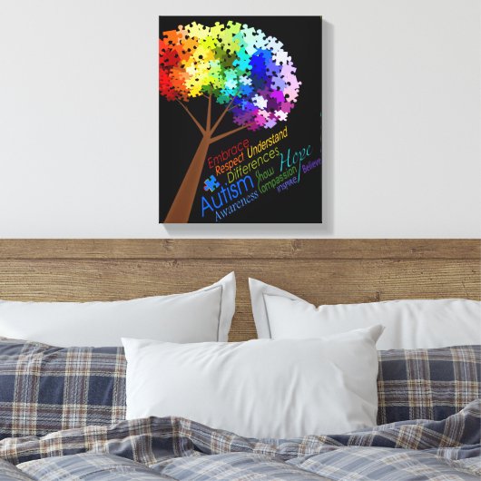 Autismus Bewusstsein Rainbow Puzzle Tree mit Worte Leinwanddruck (Insitu (Schlafzimmer))